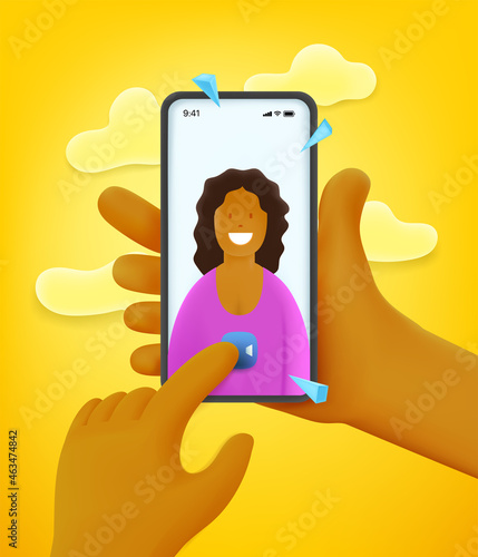 Man making video call to his girlfriend. Comic 3d style vector illustration