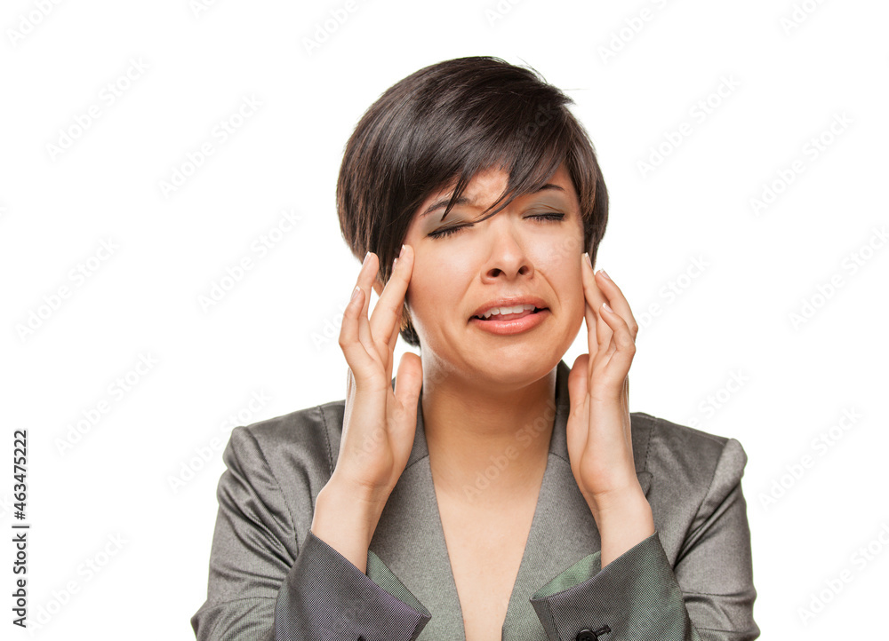 Grimacing Mixed Race Girl Holding Her Head with Her Hands Isolated Against White Background. Grimacing Mixed Race Girl Holding Her Head with Her Hands Isolated Against White Background.