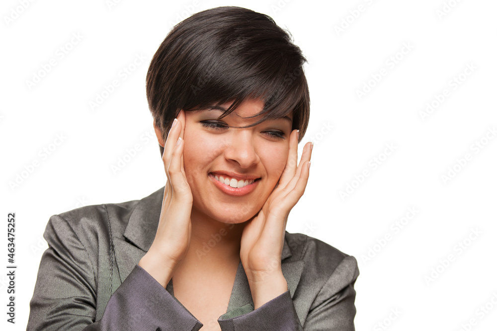 Pretty Mixed Race Girl Framing Her Face with Her Hands Isolated Against White Background. Pretty Mixed Race Girl Framing Her Face with Her Hands Isolated Against White Background.