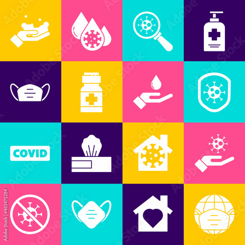 Set Earth with medical mask, Hand virus, Shield protecting from, Virus under magnifying glass, Medicine bottle pills, Medical protective, Washing hands soap and icon. Vector
