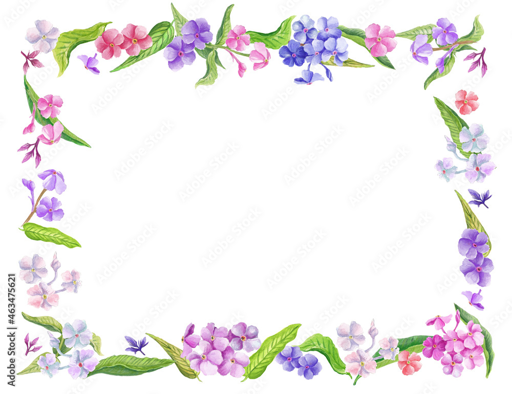 Watercolor frame with wild flower White background.