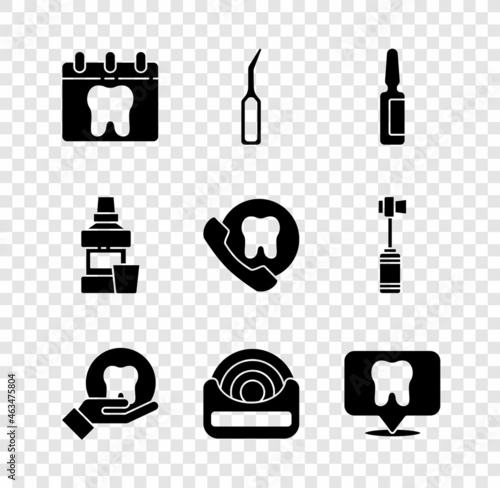 Set Calendar with tooth, Dental explorer scaler, Painkiller tablet, Tooth, floss, clinic location, Mouthwash bottle and Online dental care icon. Vector