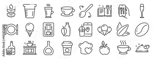 Set of Food and drink icons, such as Cognac bottle, Coffee beans, Ice cream icons. Whiskey glass, Takeaway coffee, Sunflower seed signs. Champagne glass, Restaurant app, Romantic dinner. Vector