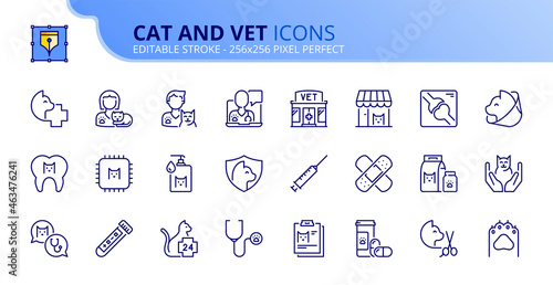 Simple set of outline icons about cats and vet. Pets.