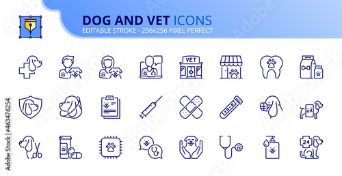 Simple set of outline icons about dogs and vet. Pets.