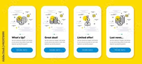 Vector set of World money, Manager and Banking money line icons set. UI phone app screens with line icons. Coins icon. Global markets, Work profit, Cash finance. Phone UI banners. Vector