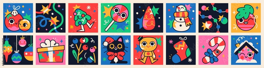 Set of Cute Merry Christmas and Happy New Year Illustrations. Festive christmas characters and objects Set of Cute Merry Christmas and Happy New Year Illustrations. Festive christmas characters and objects