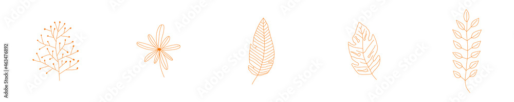 Conjunto de icono de plantas. Boceto de plantas. Concepto de naturaleza y decoraciones. Ilustración vectorial, estilo línea naranja Conjunto de icono de plantas. Boceto de plantas. Concepto de naturaleza y decoraciones. Ilustración vectorial, estilo línea naranja