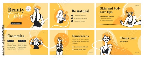 Presentation and slide layout background. Design template with beautiful girls making body care procedures. Use for flyer, marketing, leaflet, advertising, brochure. Vector