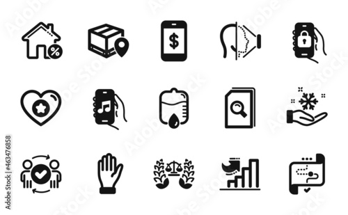 Vector set of Justice scales, Face id and Target path icons simple set. Parcel tracking, Approved teamwork and Hand icons. Smartphone payment, Locked app and Drop counter signs. Vector