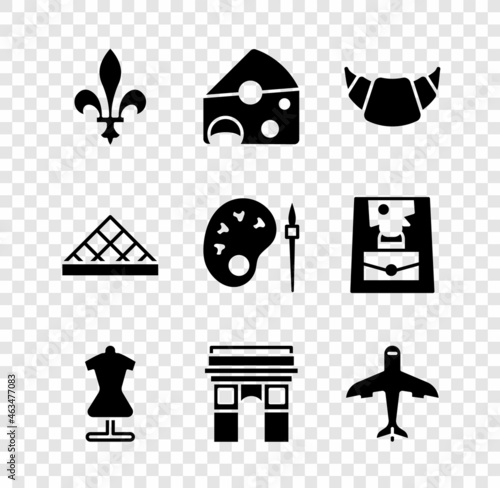 Set Fleur De Lys, Cheese, Croissant, Mannequin, Triumphal Arch, Plane, Louvre museum and Paint brush with palette icon. Vector