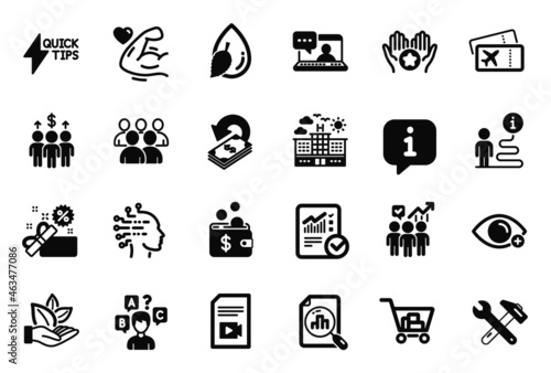 Vector Set of Business icons related to Strong arm, Friends chat and Group icons. Business statistics, Water drop and Quiz test signs. Checked calculation, Organic product and Video file. Vector