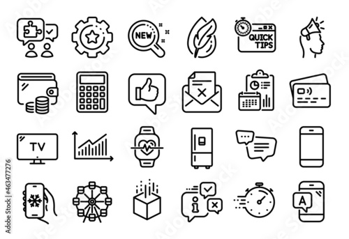 Vector set of Calculator, Ferris wheel and Brand ambassador line icons set. Calendar report, Money wallet and Credit card tag. Hypoallergenic tested, Smartphone and Tv icons. Vector