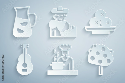 Set Spanish cook, Olives on plate, guitar, Orange tree, Bullfight, matador and Sangria icon. Vector