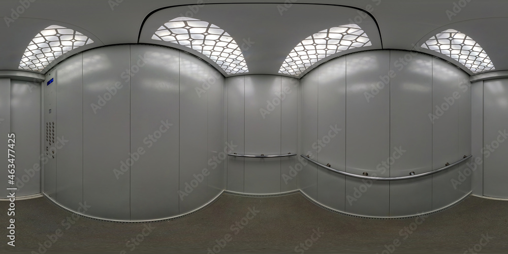360 hdri panorama inside interior of metal service elevator lift room in equirectangular spherical seamless projection, VR content - obrazy, fototapety, plakaty 