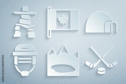 Set Canadian lake, Igloo ice house, Hockey helmet, Ice hockey sticks and puck, Flag of Canada and Inukshuk icon. Vector