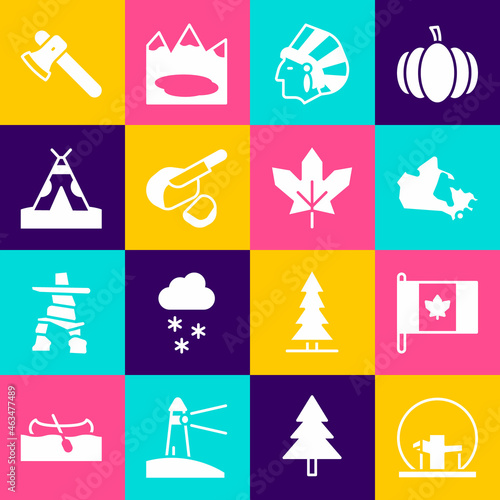 Set Montreal Biosphere, Flag of Canada, map, Native American Indian, Peameal bacon, teepee or wigwam, Wooden axe and Canadian maple leaf icon. Vector