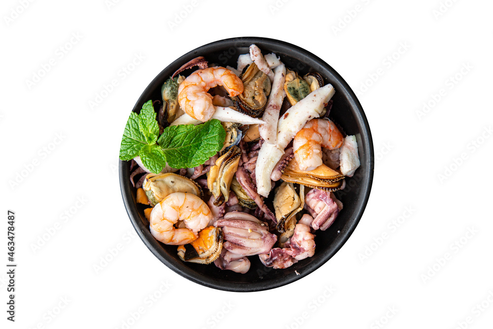 seafood fresh mix shrimp, squid, mussel, rapan, octopus portion ready to eat meal snack on the table copy space food background seafood fresh mix shrimp, squid, mussel, rapan, octopus portion ready to eat meal snack on the table copy space food background