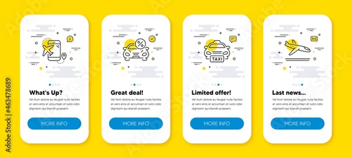 Vector set of Car leasing, Flight destination and Taxi line icons set. UI phone app screens with line icons. Arrivals plane icon. Transport discount, Airplane trip, Public transfer. Vector