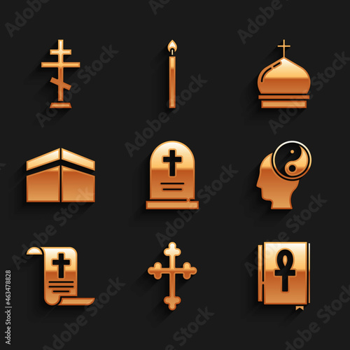 Set Tombstone with cross, Christian, Cross ankh book, Yin Yang, Decree, paper, parchment, scroll, Kaaba mosque, Church tower and icon. Vector
