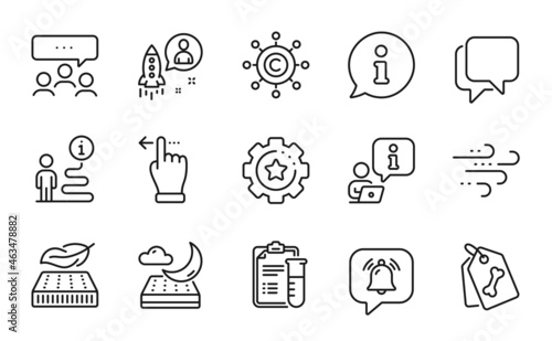 Fototapeta Naklejka Na Ścianę i Meble -  Business icons set. Included icon as Pet tags, Touchscreen gesture, Meeting signs. Copywriting network, Medical analyzes, Startup symbols. Night mattress, Notification bubble, Talk bubble. Vector