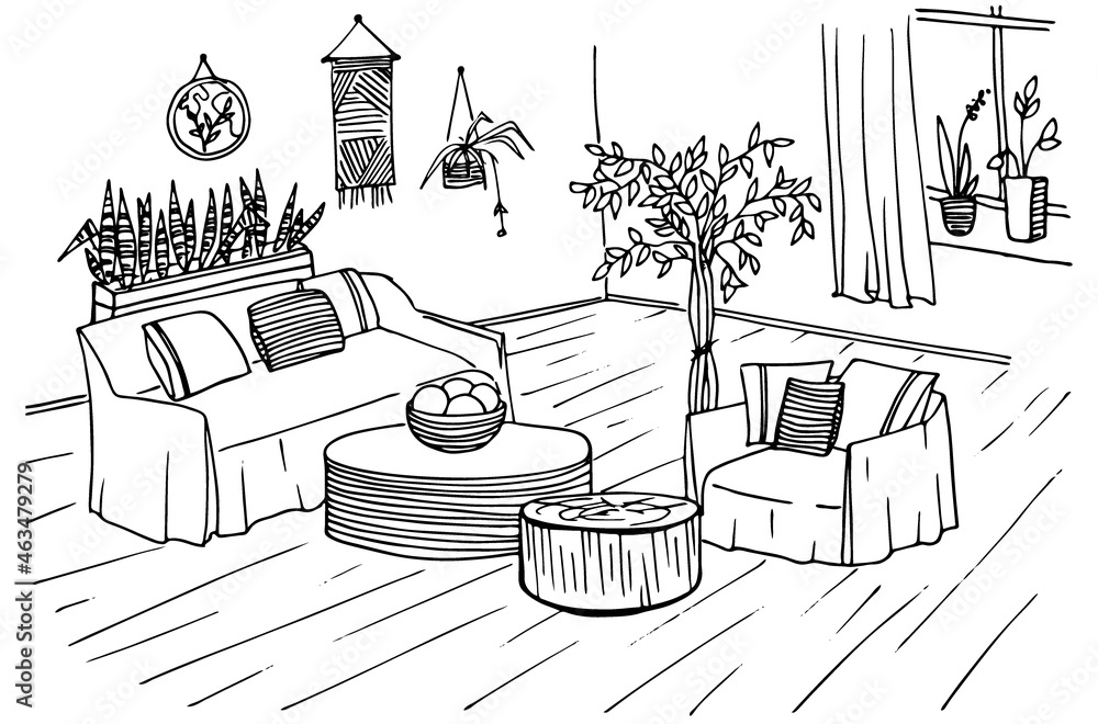 living room interior, coloring book, coloring page, outline black and white sketch drawn by hand isolated on a white background