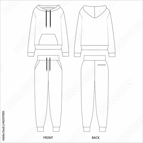 Leisure suit drawing on white background. Set of drawings of clothes hoodies and joggers. Hoodie template design. Sport pants template design. Fashionable unisex design vector sketch. 