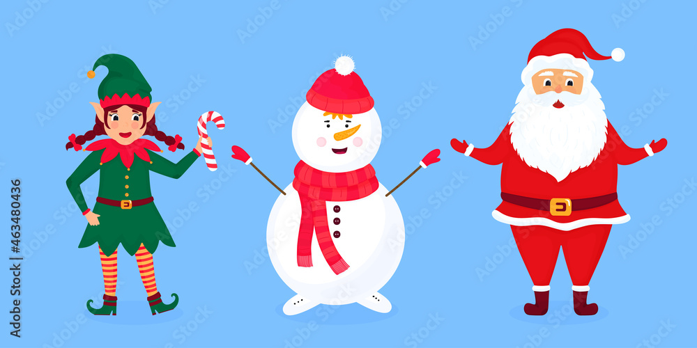 Christmas elf, Santa Claus and snowman vector illustration