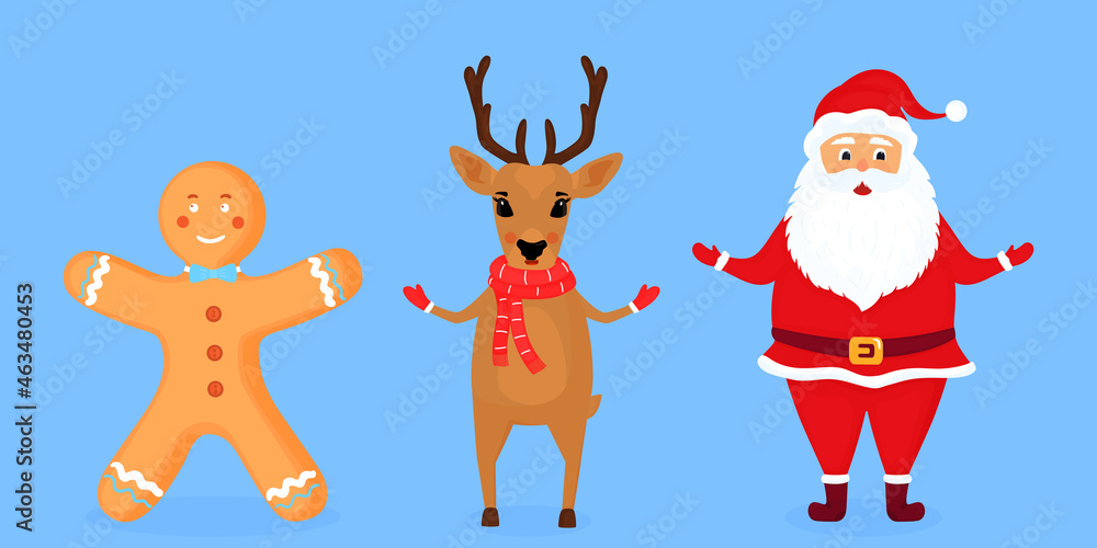 Santa Claus, deer and gingerbread man vector illustration