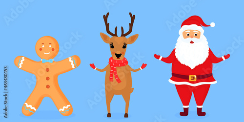 Santa Claus, deer and gingerbread man vector illustration © LiluArt