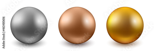 Set metal balls sphere, gold, silver, chrome, pearl with shadows, oil bubble isolated, golden glossy 3d ball – stock vector