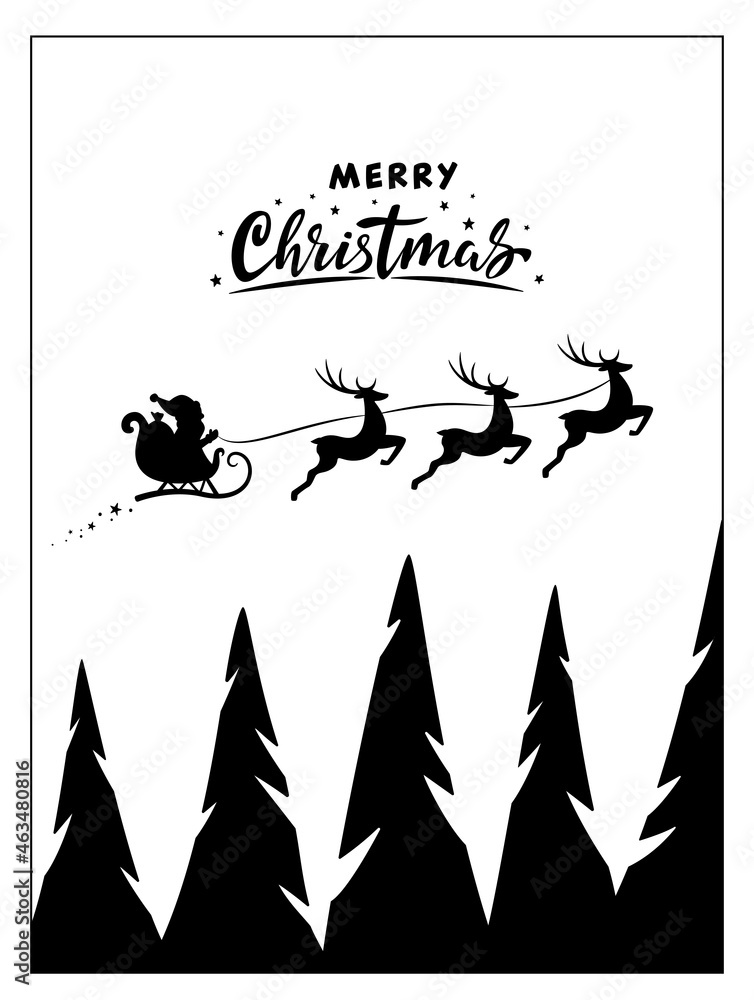 Merry Christmas card with Silhouette of Santa Claus in sleigh with deers flying over the pine forest. Design elements for decoration holiday poster, flyer, greeting card. Vector illustration