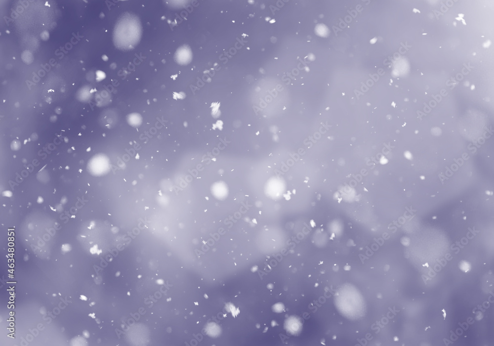 Snow background. Blue Christmas snowfall with defocused flakes and swirls. Winter concept with falling snow. Holiday texture and white snowflakes