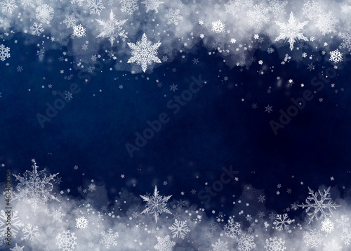 Snow background. Blue Christmas snowfall with defocused flakes and swirls. Winter concept with falling snow. Holiday texture and white snowflakes © britaseifert