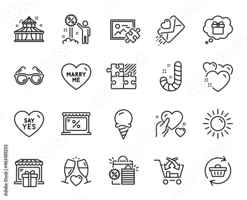 Vector set of Puzzle game, Hold heart and Circus line icons set. Candy, Market and Love letter icons. Wedding glasses, Say yes and Ice cream signs. Gift shop, Refresh cart and Marry me. Vector