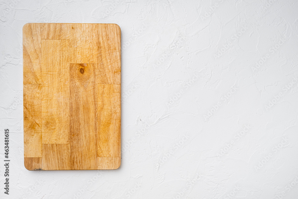 Cutting board, on white stone table background, top view flat lay , with copy space for text or your product