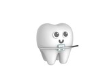 Happy cute character tooth with metal braces 3D render model isolated white background.