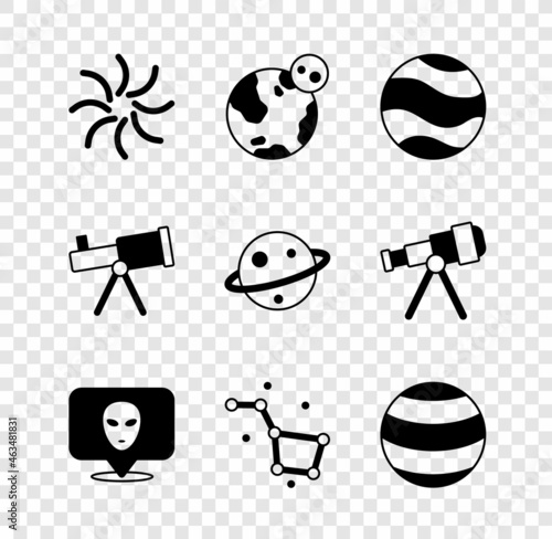 Set Black hole, Earth globe, Planet, Alien, Great Bear constellation, Telescope and Saturn icon. Vector