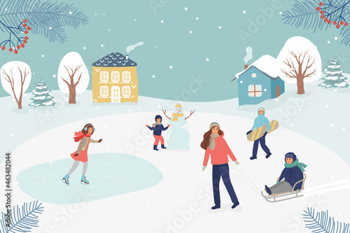 set of people involved in the winter active lifestyle family. Vector illustration in simple style on white isolated background. recreation in park, winter sport , snowboarding, sledging, ice skating