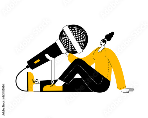 The girl speaks into a large microphone. A metaphor on the topic of a podcast. Vector illustration in a outline style.