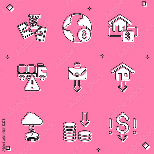 Set Tearing money banknote, Global economic crisis, Hanging sign with Sale, Stop delivery cargo truck, Briefcase, Falling property prices, Storm and Dollar rate decrease icon. Vector