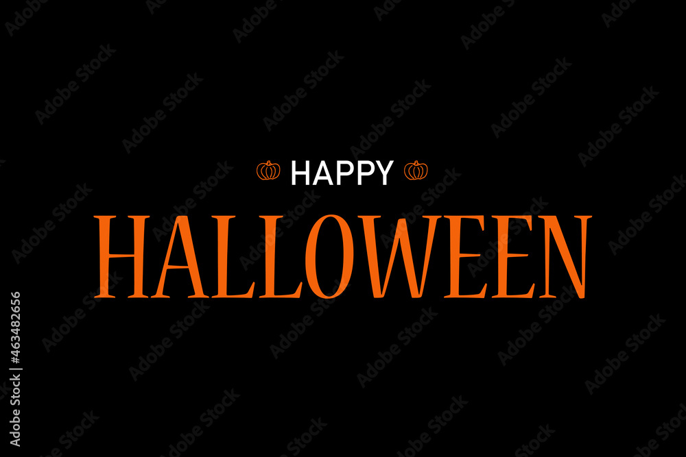 Happy halloween orange and white text with pumpkin on black background.