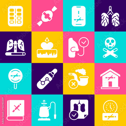 Set No smoking time, at home, Bones and skull, Heartbeat increase, Disease lungs, Nicotine gum blister pack and Healthy breathing icon. Vector