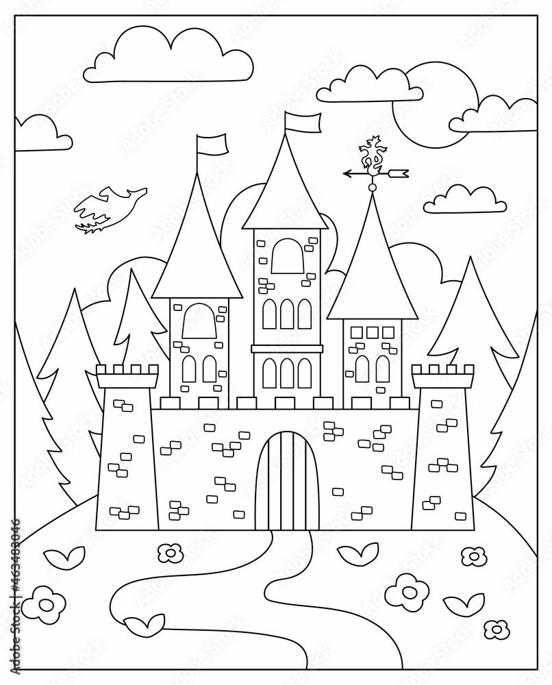 Vector black and white fairytale landscape with castle on a hill. Fairy tale background. Magic kingdom coloring page. Scenery illustration with medieval palace, towers, flags, trees, flying dragon.