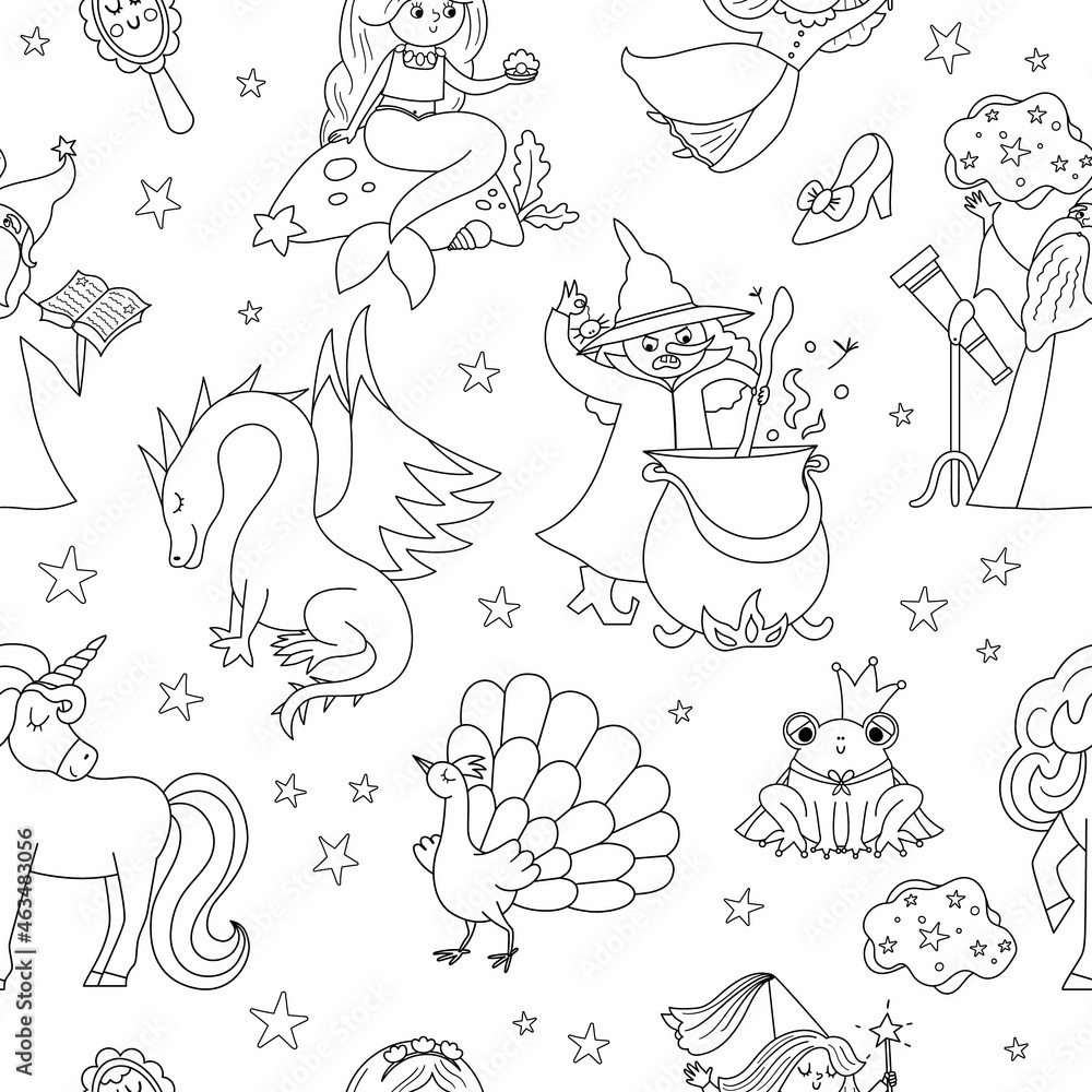 Black and white seamless pattern with fairy tale characters. Vector line repeat background with fantasy witch, unicorn, dragon, fairy, magician, mermaid, frog prince. Medieval fairytale digital paper.