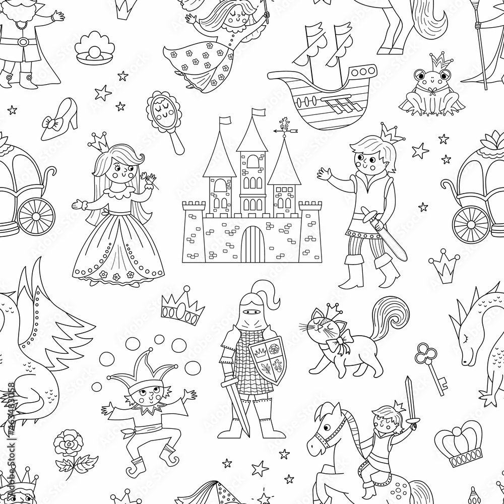 Black and white seamless pattern with fairy tale characters and objects. Outline repeat background with fantasy princess, king, queen, witch, knight, unicorn, dragon. Magic castle digital paper.
