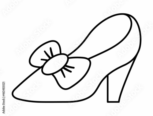 Vector black and white woman slipper with hill and bow icon.  Fairytale line shoe illustration isolated on white background. Cartoon fairy tale princess foot wear or accessory coloring page.
