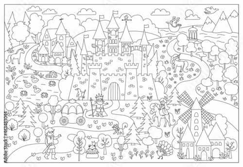Vector black and white fairytale kingdom illustration. Fantasy line castle and characters picture. Cute magic fairy tale background with palace. Medieval village landscape or coloring page.