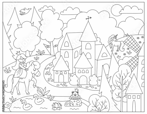 Vector black and white Medieval village landscape with princess and unicorn. Magic kingdom coloring page. Stone and wooden line building surrounded by magic forest illustration.