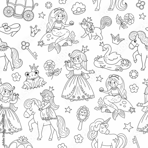 Fairy tale black and white princess seamless pattern. Repeat line background with fantasy girl, carriage, mermaid, unicorn frog prince, swan. Outline magic fairytale maid digital paper.